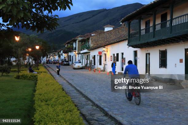 twilight view of villa de leyva street - villa de leyva ストックフォトと画像