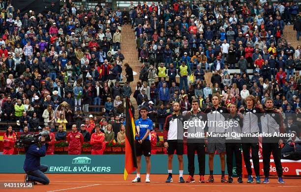 Tim Puetz, Maximilian Marterer, Jan-Lennard Struff, Philipp Kohlschreiber, Alexander Zverev and Captain Michael Kohlmann of Germany line up during...