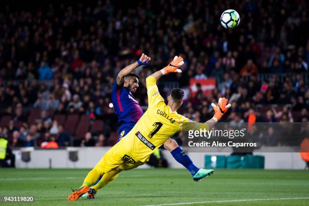 Luis Suarez of FC Barcelona shoots the ball with the opposition of Ivan Cuellar of CD Leganes during the La Liga match between Barcelona and Leganes...