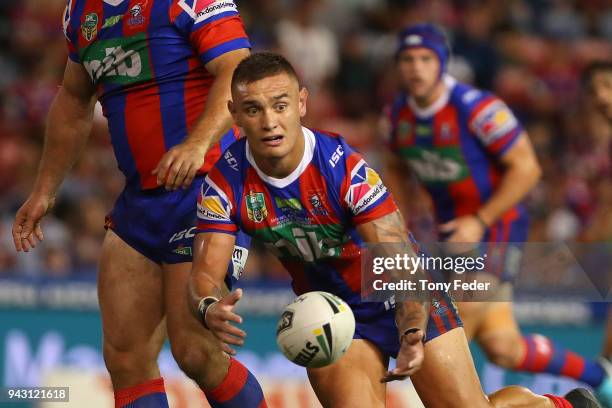 Daniel Levi of the Knights passes the ball during the round five NRL match between the Newcastle Knights and the Brisbane Broncos at McDonald Jones...