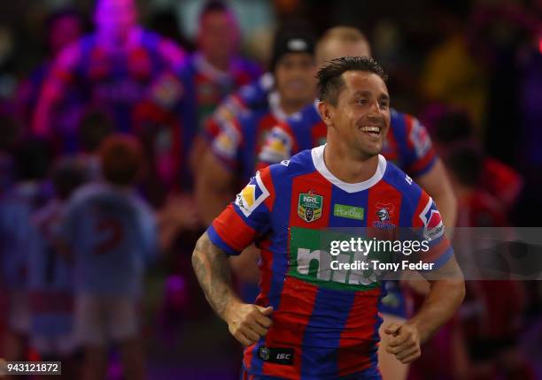 Mitchell Pearce of the Knights leads his team out onto the ground during the round five NRL match between the Newcastle Knights and the Brisbane...