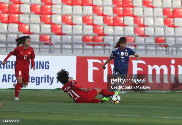Japan's Emi NAKAJIMA competes with Vietnam's TRAN Thi Phuong Thao during their match for the AFC Women's Asian Cup Jordan 2018, in Amman, Jordan on...