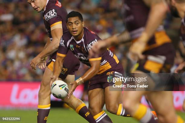 Anthony Milford of the Broncos passes the ball during the round five NRL match between the Newcastle Knights and the Brisbane Broncos at McDonald...