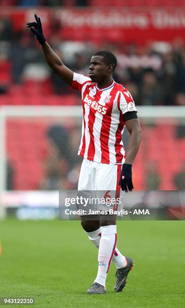 Kurt Zouma of Stoke City during the Premier League match between Stoke City and Tottenham Hotspur at Bet365 Stadium on April 7, 2018 in Stoke on...