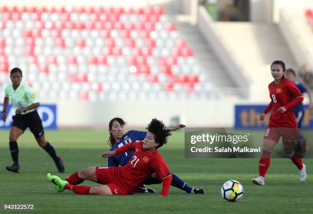 Japan's Emi NAKAJIMA competes with Vietnam's TRAN Thi Phuong Thao during their match for the AFC Women's Asian Cup Jordan 2018, in Amman, Jordan on...