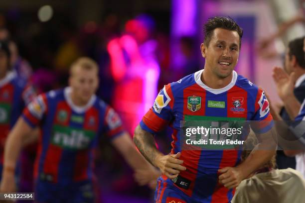 Mitchell Pearce of the Knights leads his team out onto the ground during the round five NRL match between the Newcastle Knights and the Brisbane...