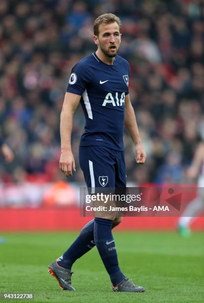 Harry Kane of Tottenham Hotspur during the Premier League match between Stoke City and Tottenham Hotspur at Bet365 Stadium on April 7, 2018 in Stoke...