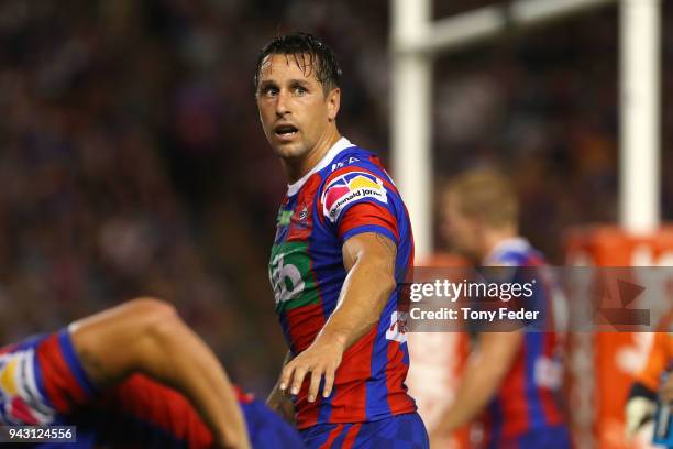 Mitchell Pearce of the Knights during the round five NRL match between the Newcastle Knights and the Brisbane Broncos at McDonald Jones Stadium on...