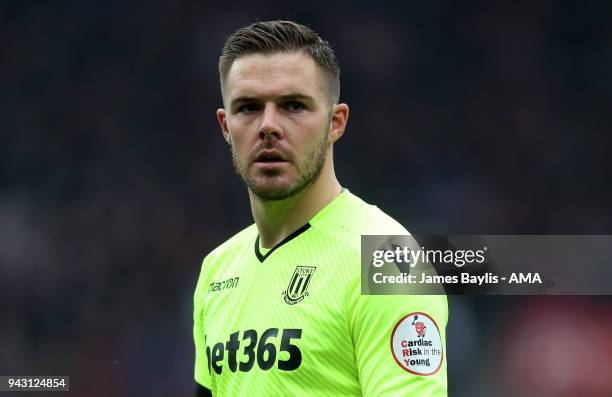 Jack Butland of Stoke City during the Premier League match between Stoke City and Tottenham Hotspur at Bet365 Stadium on April 7, 2018 in Stoke on...