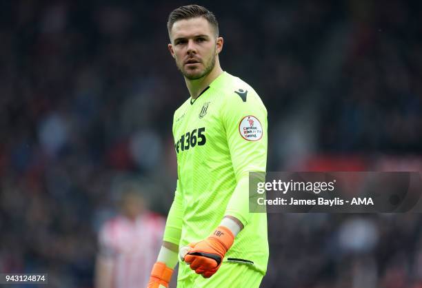 Jack Butland of Stoke City during the Premier League match between Stoke City and Tottenham Hotspur at Bet365 Stadium on April 7, 2018 in Stoke on...