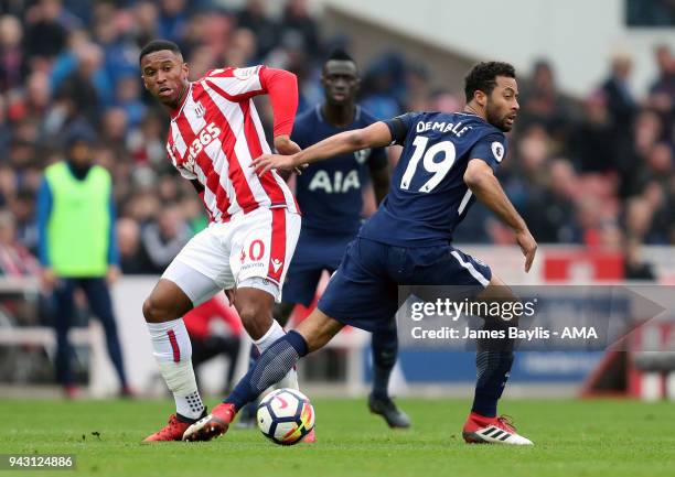 Tyrese Campbell of Stoke City and Mousa Dembele of Tottenham Hotspur during the Premier League match between Stoke City and Tottenham Hotspur at...