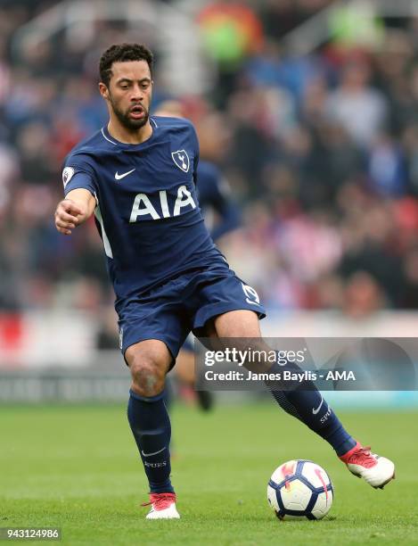 Mousa Dembele of Tottenham Hotspur during the Premier League match between Stoke City and Tottenham Hotspur at Bet365 Stadium on April 7, 2018 in...