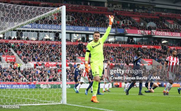 Jack Butland of Stoke City during the Premier League match between Stoke City and Tottenham Hotspur at Bet365 Stadium on April 7, 2018 in Stoke on...