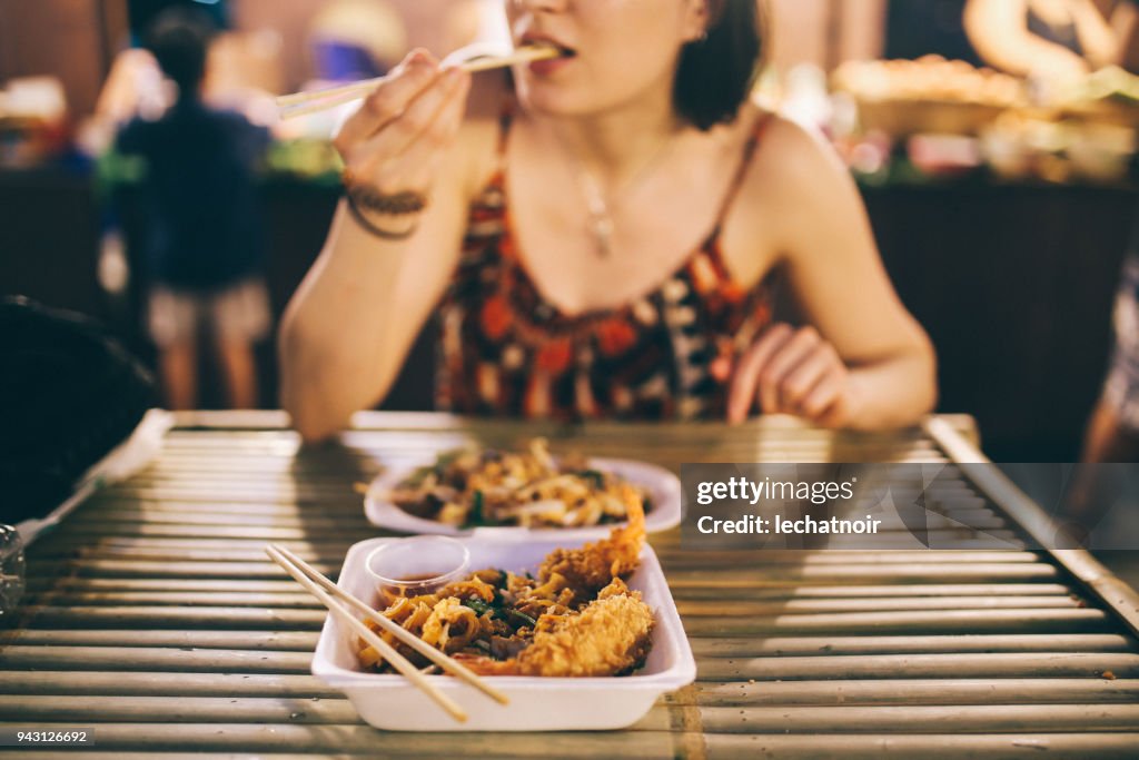 Thai street food in Bangkok, shrimp tempura with vegetables