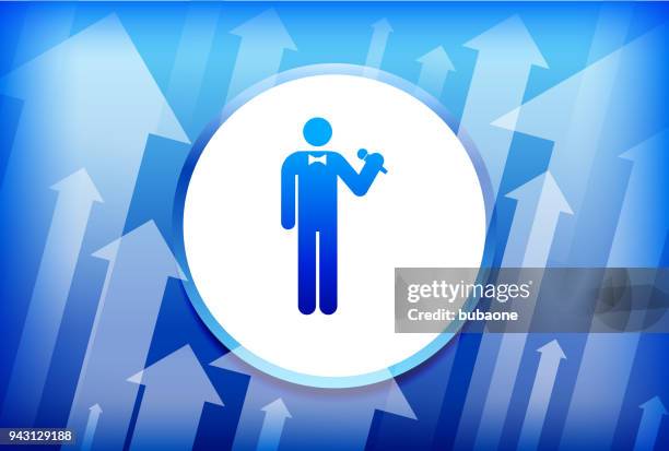man holding microphone blue up arrows background - recording in progress stock illustrations