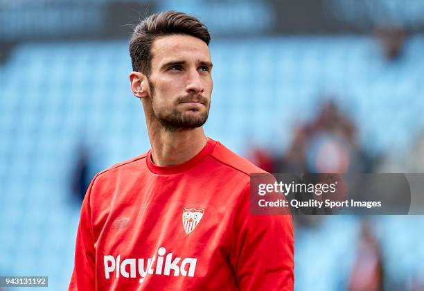 Sergio Rico of Sevilla FC looks on prior to the La Liga match between Celta de Vigo and Sevilla at Balaidos Stadium on April 7, 2018 in Vigo, Spain.