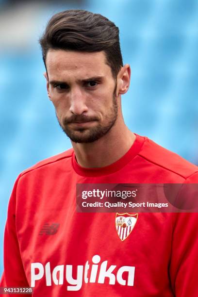 Sergio Rico of Sevilla FC looks on prior to the La Liga match between Celta de Vigo and Sevilla at Balaidos Stadium on April 7, 2018 in Vigo, Spain.