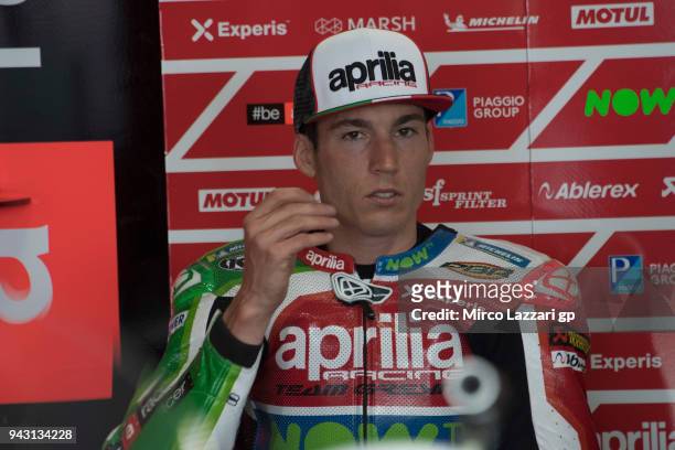 Aleix Espargaro of Spain and Aprilia Racing Team Gresini looks on in box during the qualifying practice during the MotoGp of Argentina - Qualifying...