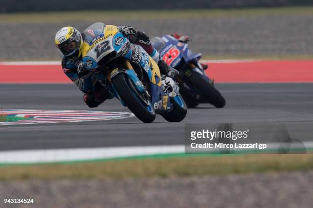 Tom Luthi of Switzerland and and Team EG 0,0 Marc VDS leads the field during the qualifying practice during the MotoGp of Argentina - Qualifying on...