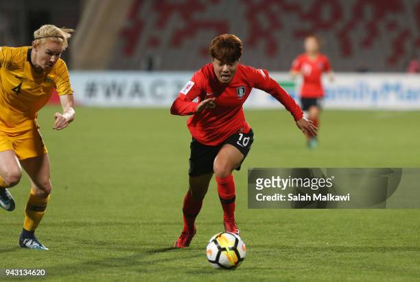Clare Polkinghorne of Australia battles for the ball with Han Chaerin of Korea Republic during the AFC Women's Asian Cup Group B match between...