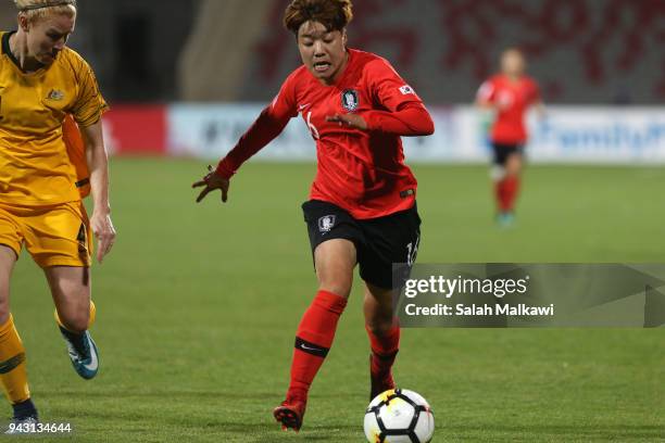 Clare Polkinghorne of Australia battles for the ball with Han Chaerin of Korea Republic during the AFC Women's Asian Cup Group B match between...