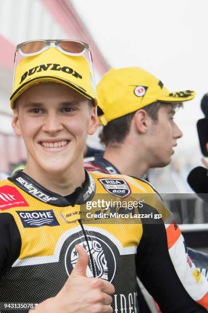 Gabriel Rodrigo of Argentina and RBA Boe Skull Rider KTM celebrates the Moto3 third position at the end of the qualifying practice during the MotoGp...