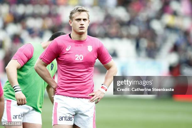 Jules Plisson of Stade Francais Paris looks on while warming up before the French Top 14 match between Stade Francais Paris and ASM Clermont Auvergne...
