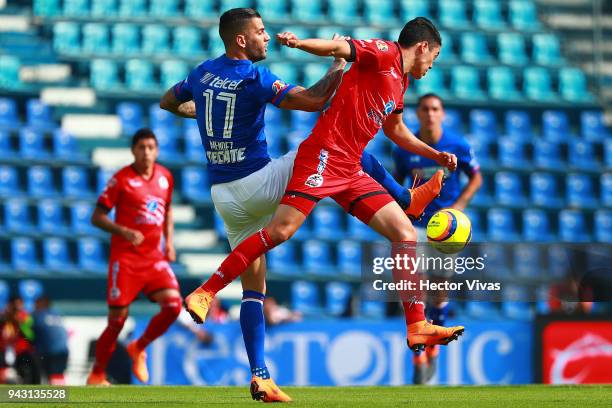 Edgar Mendez of Cruz Azul struggles for the ball with Diego Jimenez of Lobos BUAP during the 14th round match between Cruz Azul and Lobos BUAP as...