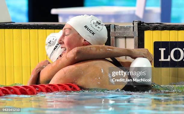 Kylie Masse and Taylor Ruck of Canada seen during the Women's 50m Freestyle final during Swimming on day three of the Gold Coast 2018 Commonwealth...