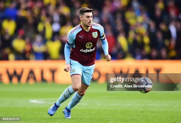 Matthew Lowton of Burnley in action during the Premier League match between Watford and Burnley at Vicarage Road on April 7, 2018 in Watford, England.