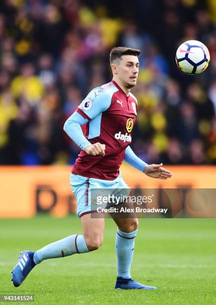 Matthew Lowton of Burnley in action during the Premier League match between Watford and Burnley at Vicarage Road on April 7, 2018 in Watford, England.