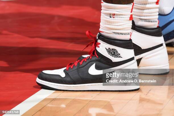 The sneakers of Montrezl Harrell of the LA Clippers are seen during the game against the Denver Nuggets on April 7, 2018 at STAPLES Center in Los...
