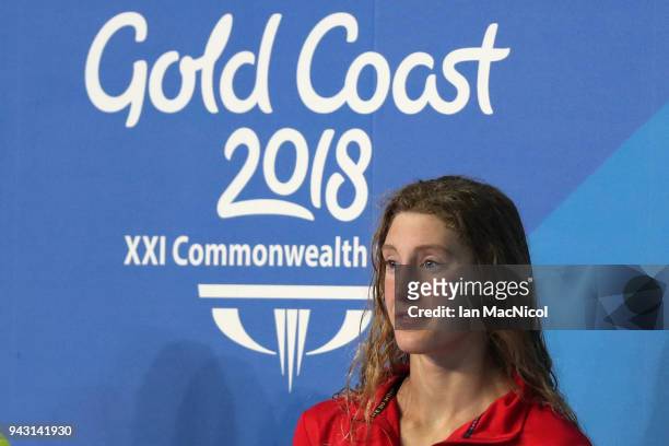 Taylor Ruck of Canada is seen during the Women's 50m Freestyle final during Swimming on day three of the Gold Coast 2018 Commonwealth Games at Optus...