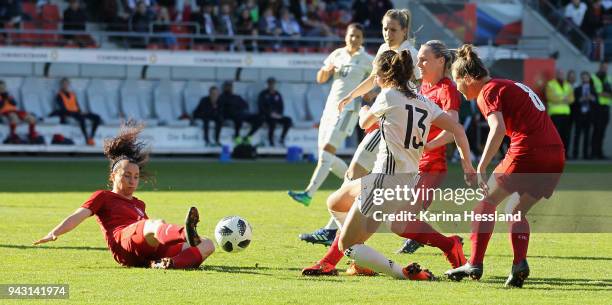 Sara Daebritz of Germany challenges Jana Sedlackova of Czech Republic during the 2019 FIFA Womens World Championship Qualifier match between Germany...