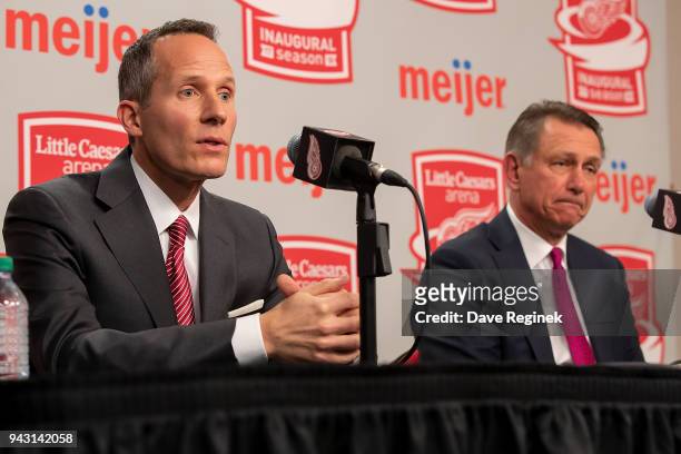 Christopher Ilitch, President and CEO, Ilitch Holdings, Inc. Governor, President and CEO, Detroit Red Wings holds a press conference announcing the...