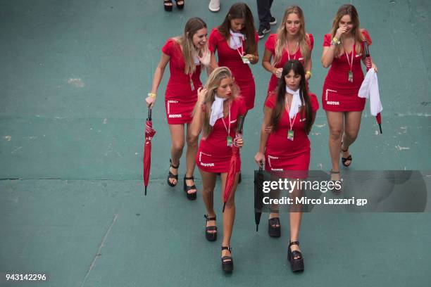 The grid girls walk in paddock during the qualifying practice during the MotoGp of Argentina - Qualifying on April 7, 2018 in Rio Hondo, Argentina.