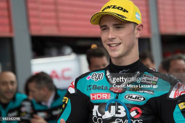 Danny Kent of Great Britain and Beta Tools - Speed Up Racing celebrates the Moto2 third place at the end of the qualifying practice during the MotoGp...