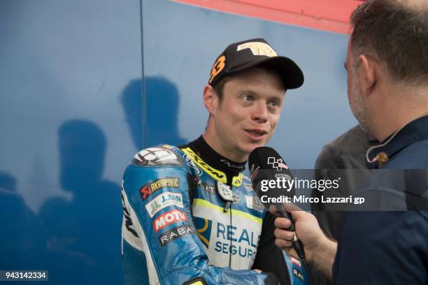 Esteve Rabat of Spain and Reale Avintia Racing speaks with journalists during the qualifying practice during the MotoGp of Argentina - Qualifying on...