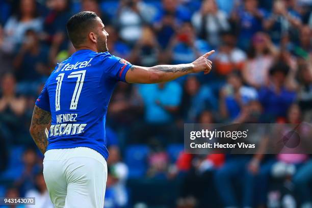 Edgar Mendez of Cruz Azul celebrates after scoring the first goal of his team during the 14th round match between Cruz Azul and Lobos BUAP at Azul...