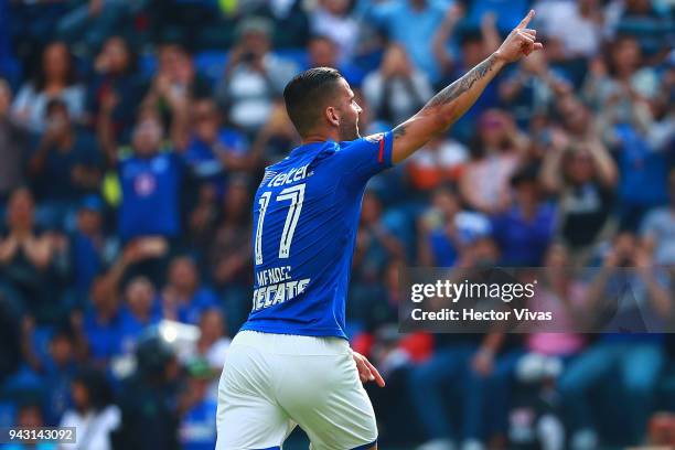 Edgar Mendez of Cruz Azul celebrates after scoring the first goal of his team during the 14th round match between Cruz Azul and Lobos BUAP at Azul...