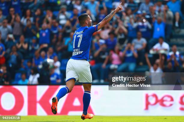 Edgar Mendez of Cruz Azul celebrates after scoring the first goal of his team during the 14th round match between Cruz Azul and Lobos BUAP at Azul...