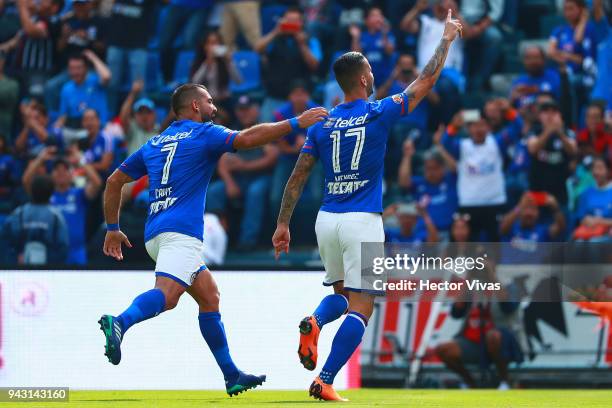 Edgar Mendez of Cruz Azul celebrates after scoring the first goal of his team during the 14th round match between Cruz Azul and Lobos BUAP at Azul...