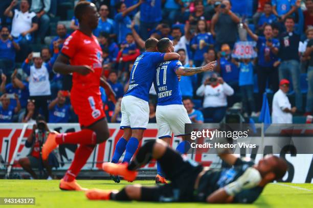 Edgar Mendez of Cruz Azul celebrates after scoring the first goal of his team during the 14th round match between Cruz Azul and Lobos BUAP at Azul...