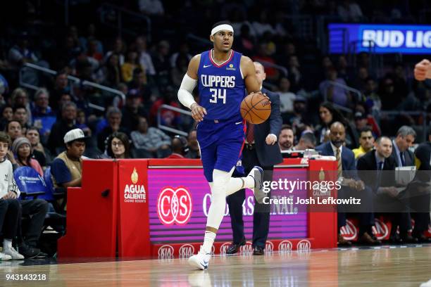 Tobias Harris of the Los Angeles Clippers controls the ball during the game against the Denver Nuggets at Staples Center on April 7, 2018 in Los...