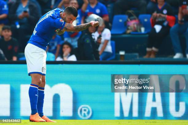 Edgar Mendez of Cruz Azul celebrates after scoring the first goal of his team during the 14th round match between Cruz Azul and Lobos BUAP at Azul...