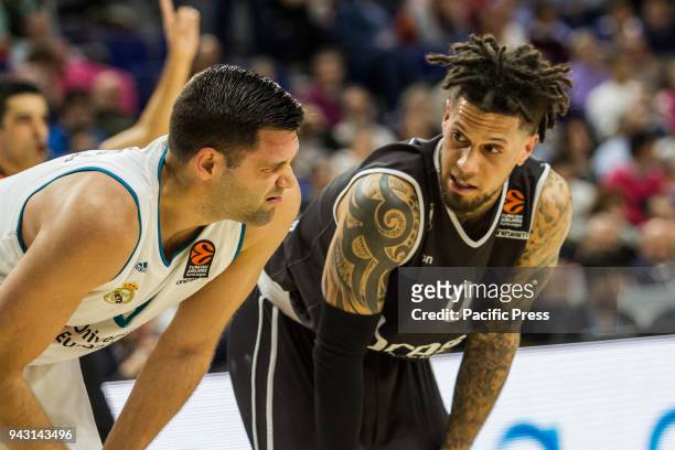 Felipe Reyes and Daniel Hackett during Real Madrid victory over Brose Bamberg in Turkish Airlines Euroleague regular season game celebrated at Wizink...
