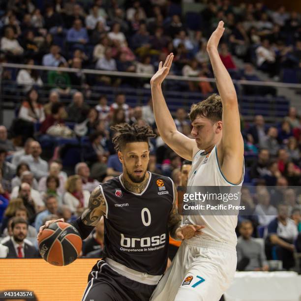 Daniel Hackett and Luka Doncic during Real Madrid victory over Brose Bamberg in Turkish Airlines Euroleague regular season game celebrated at Wizink...