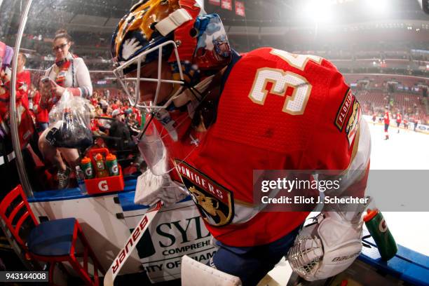 Goaltender James Reimer of the Florida Panthers heads back to the dressing room after warm ups prior to the start of the game against the Buffalo...