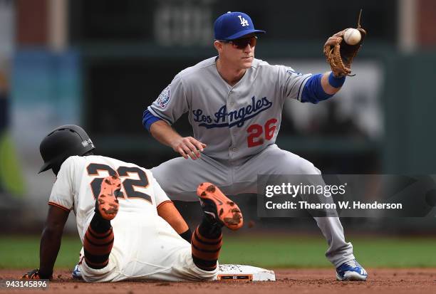 Andrew McCutchen of the San Francisco Giants dives back into second base safe ahead of the throw to Chase Utley of the Los Angeles Dodgers in the top...