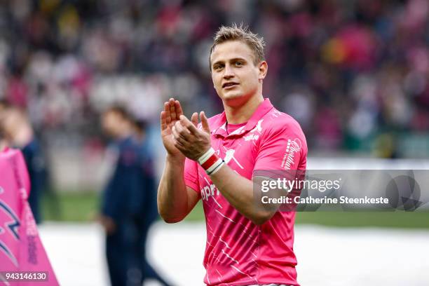 Jules Plisson of Stade Francais Paris thanks the fans after the French Top 14 match between Stade Francais Paris and ASM Clermont Auvergne at Stade...